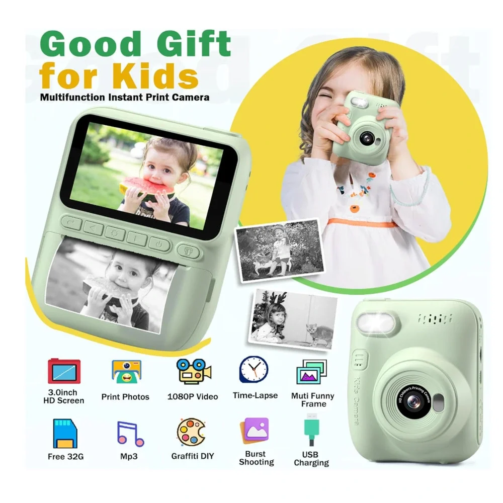 HANGRUI Instant Print Fun Digital Camera for Kids Mint Green - NEW IN BOX